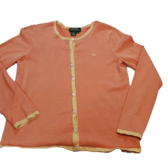 Women's Ralph Lauren Green Label Cardigan Peach Yellow Accents Size Large - Picture 2 of 13
